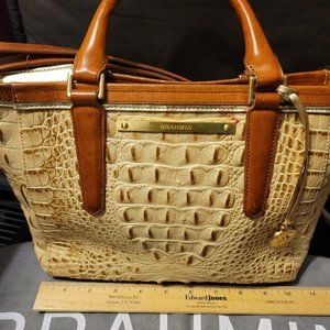 Brahmin Satchel Handbag Tan & Cream embossed leather
